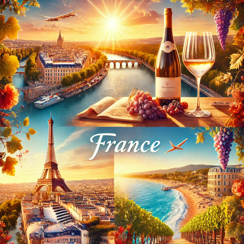 Iconic landmarks of France including the Eiffel Tower in Paris, Bordeaux vineyards, and the glamorous beaches of the French Riviera.