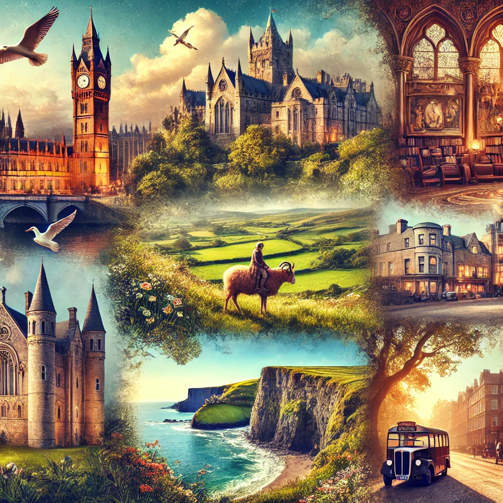 Magical landscapes of Ireland featuring lush greenery, ancient castles, historic streets of Dublin, and the wild beauty of the Cliffs of Moher.