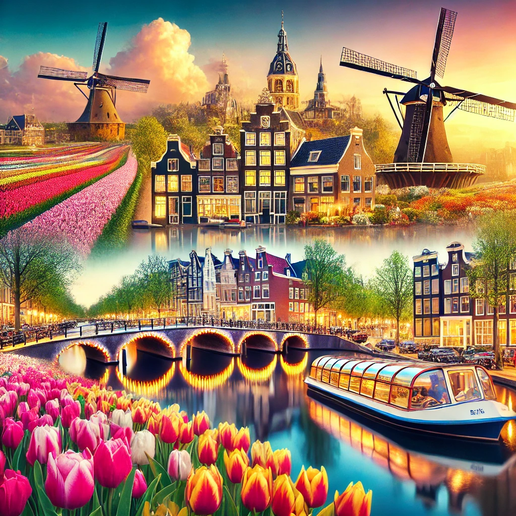 Picturesque landscape of the Netherlands with canals, tulip fields, windmills, and vibrant cityscapes of Amsterdam, Utrecht, and Rotterdam.