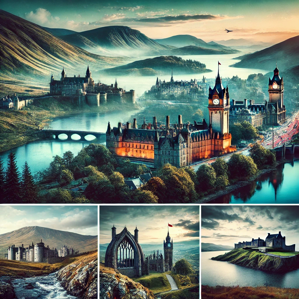 Rugged beauty of Scotland featuring the mystical Highlands, vibrant cities of Edinburgh and Glasgow, ancient castles, and scenic lochs.