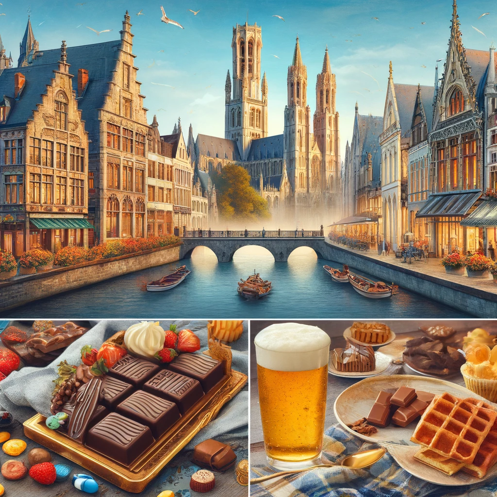 Charming streets of Belgium featuring medieval Bruges, Brussels' grandeur, and Antwerp's artistic flair, along with famous Belgian chocolates and waffles.